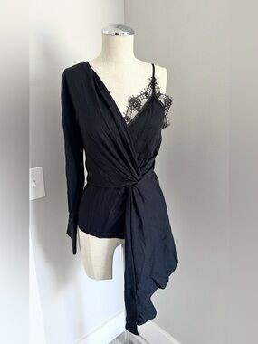 Black Asymmetric Lace-Trim Wrap Top